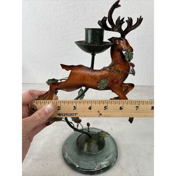 Vintage Handmade Metal Reindeer Glass Base Candle Holder 10.5”HX 7”W Phillipines - Picture 9 of 10